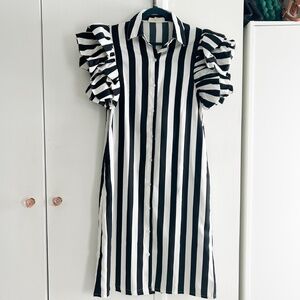 Black & White Stripe Shirt Dress with Ruffle Sleeves
